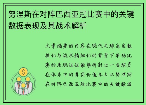 努涅斯在对阵巴西亚冠比赛中的关键数据表现及其战术解析 努涅斯在对阵巴西亚冠比赛中的关键数据表现及其战术解析